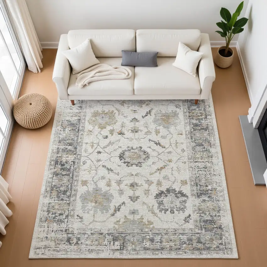 Ivory Taupe And Gray Oriental Washable Area Rug With UV Protection Photo 5