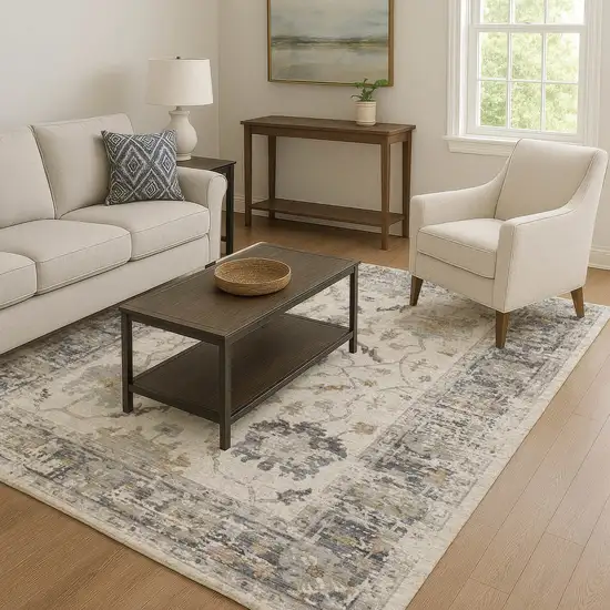 Ivory Taupe And Gray Oriental Washable Area Rug With UV Protection Photo 6