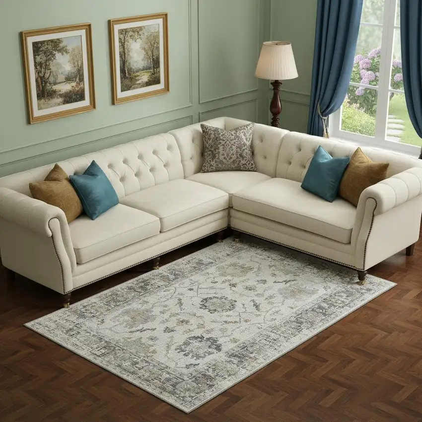 Ivory Taupe And Gray Oriental Washable Area Rug With UV Protection Photo 2