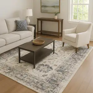 Photo of Ivory Taupe And Gray Oriental Washable Area Rug With UV Protection