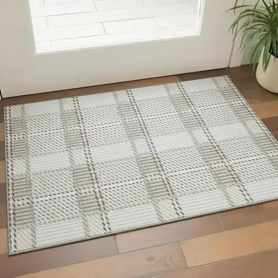 Ivory Taupe And Gray Plaid Washable Area Rug With UV Protection Photo 2