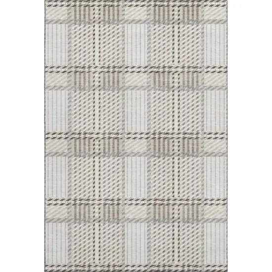 Ivory Taupe And Gray Plaid Washable Area Rug With UV Protection Photo 1