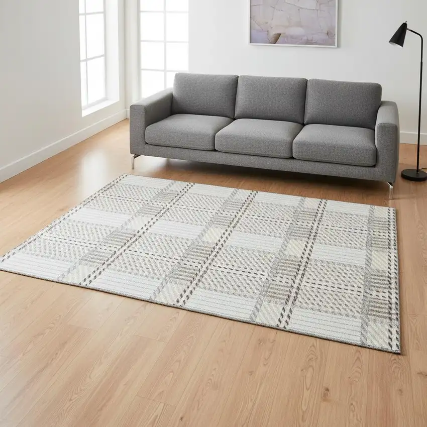 Ivory Taupe And Gray Plaid Washable Area Rug With UV Protection Photo 2