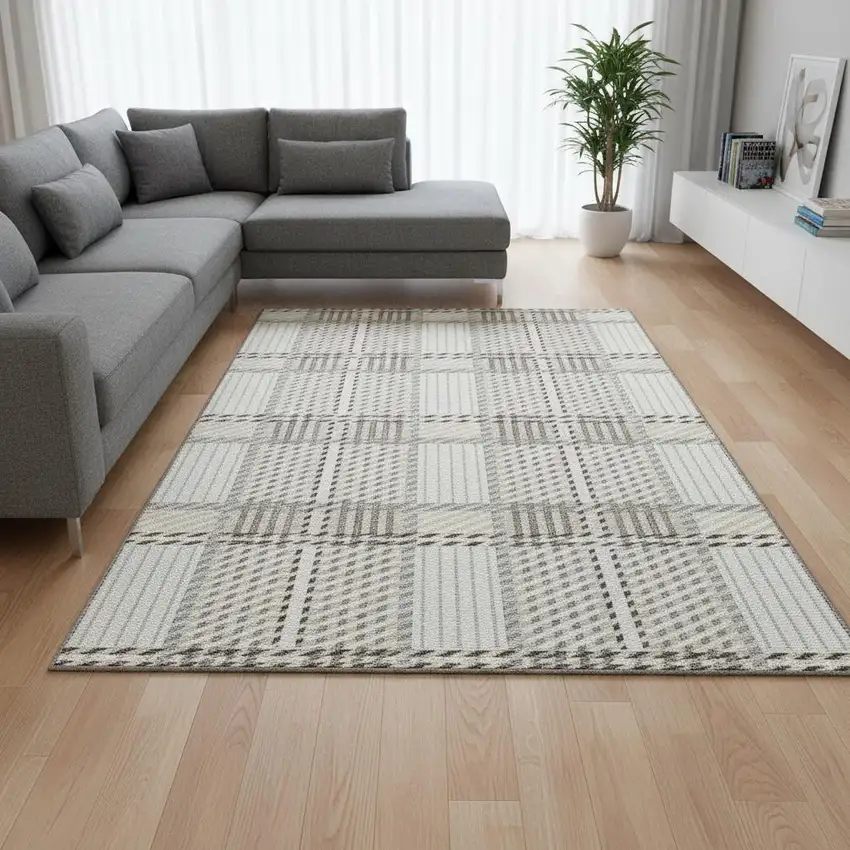 Ivory Taupe And Gray Plaid Washable Area Rug With UV Protection Photo 2
