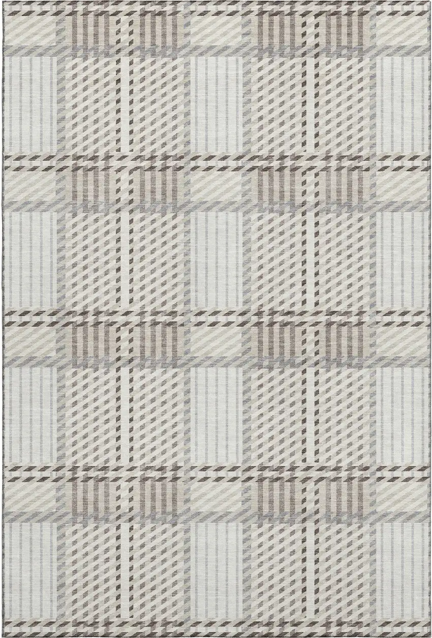 Ivory Taupe And Gray Plaid Washable Area Rug With UV Protection Photo 1