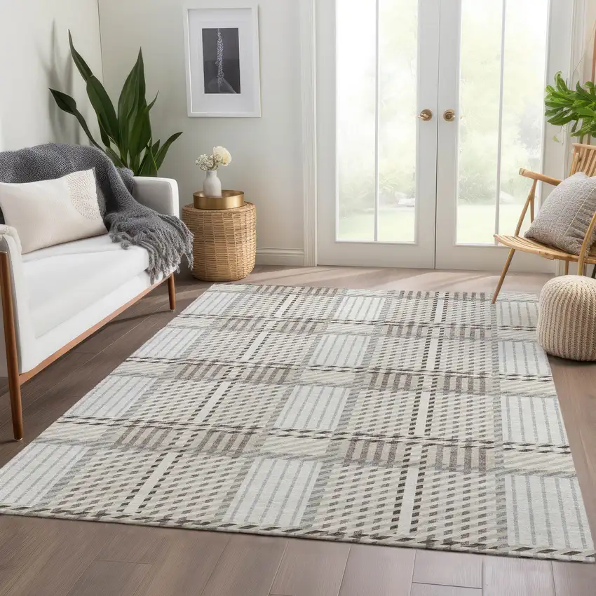 Ivory Taupe And Gray Plaid Washable Area Rug With UV Protection Photo 5