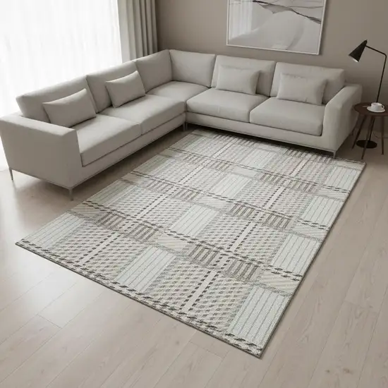 Ivory Taupe And Gray Plaid Washable Area Rug With UV Protection Photo 2