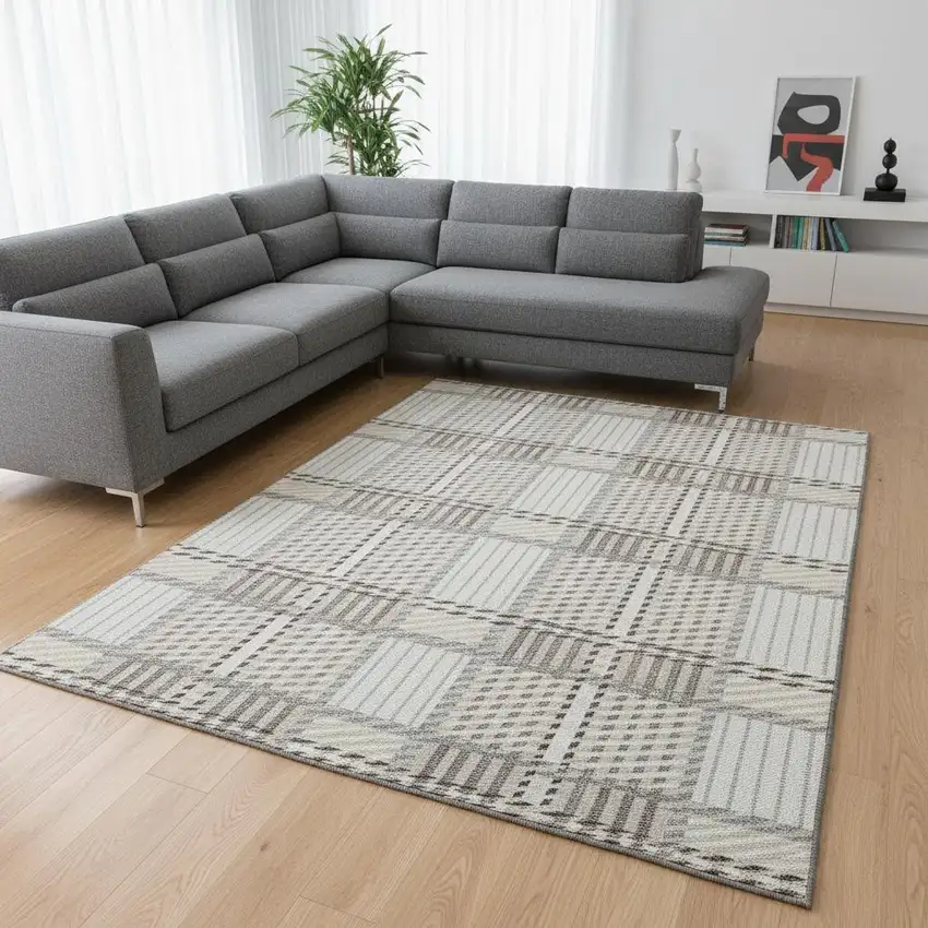 Ivory Taupe And Gray Plaid Washable Area Rug With UV Protection Photo 2
