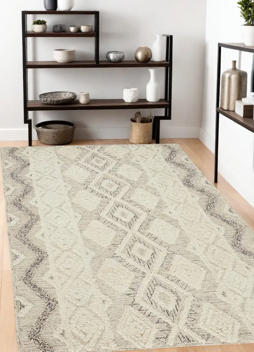 Ivory Taupe And Gray Wool Geometric Tufted Handmade Stain Resistant Area Rug Photo 1