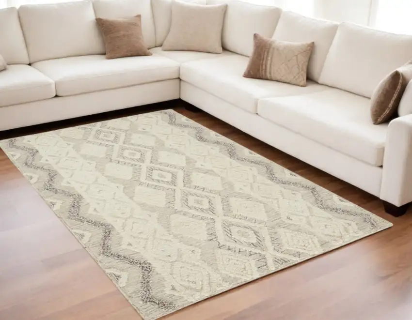 Ivory Taupe And Gray Wool Geometric Tufted Handmade Stain Resistant Area Rug Photo 2