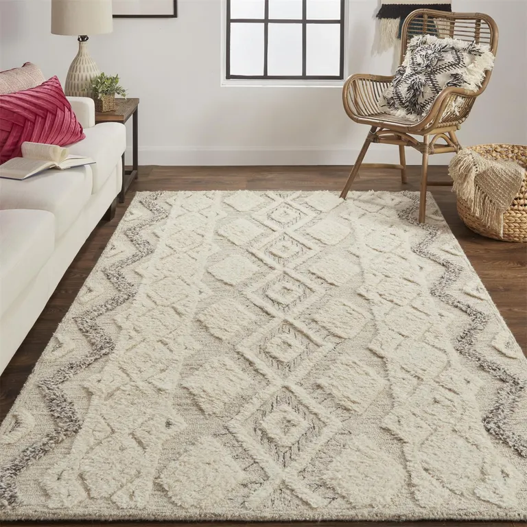Ivory Taupe And Gray Wool Geometric Tufted Handmade Stain Resistant Area Rug Photo 5