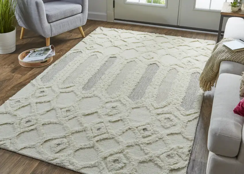 Ivory Taupe And Tan Wool Geometric Tufted Handmade Stain Resistant Area Rug Photo 5