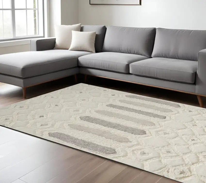 Gray and Ivory Wool Geometric Hand Tufted Area Rug Photo 1