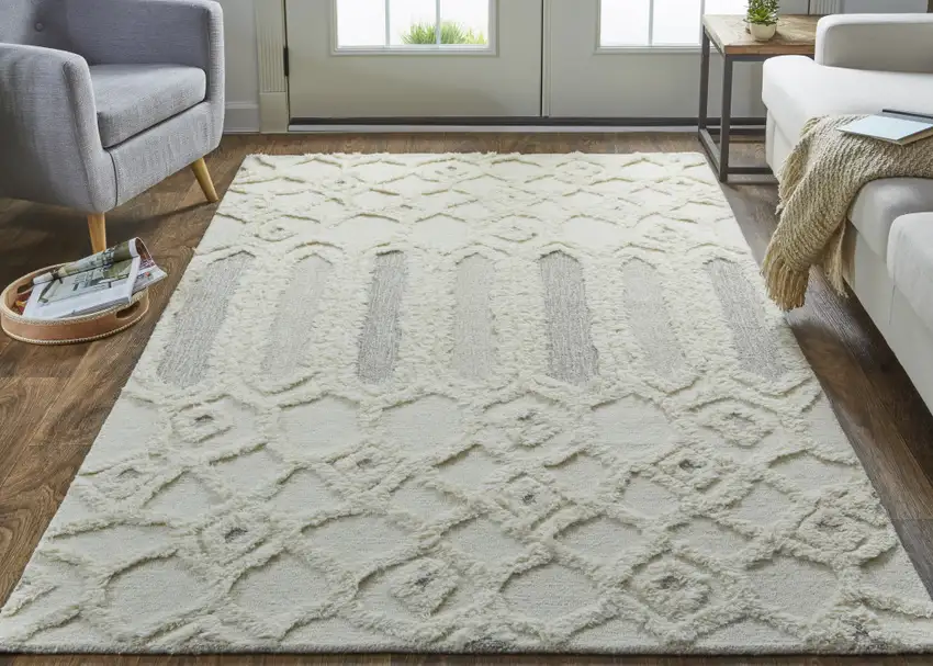 Ivory Taupe And Tan Wool Geometric Tufted Handmade Stain Resistant Area Rug Photo 6