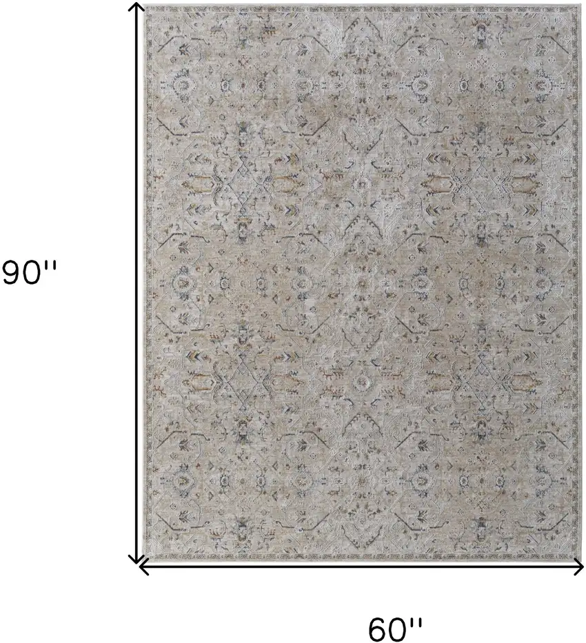 Ivory Taupe and Blue Abstract Power Loom Worn Faded Area Rug With Fringe Photo 3