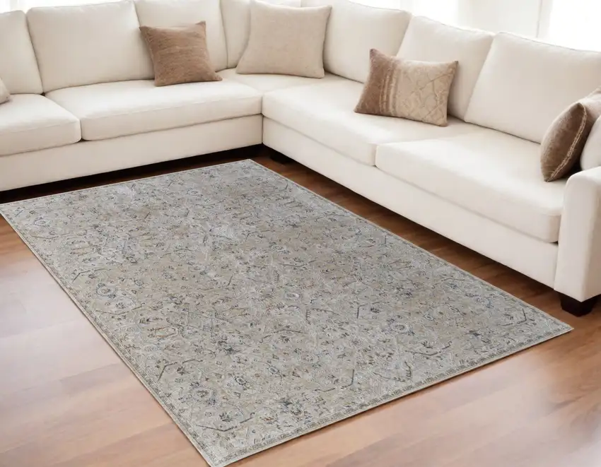 Ivory Taupe and Blue Abstract Power Loom Worn Faded Area Rug With Fringe Photo 1
