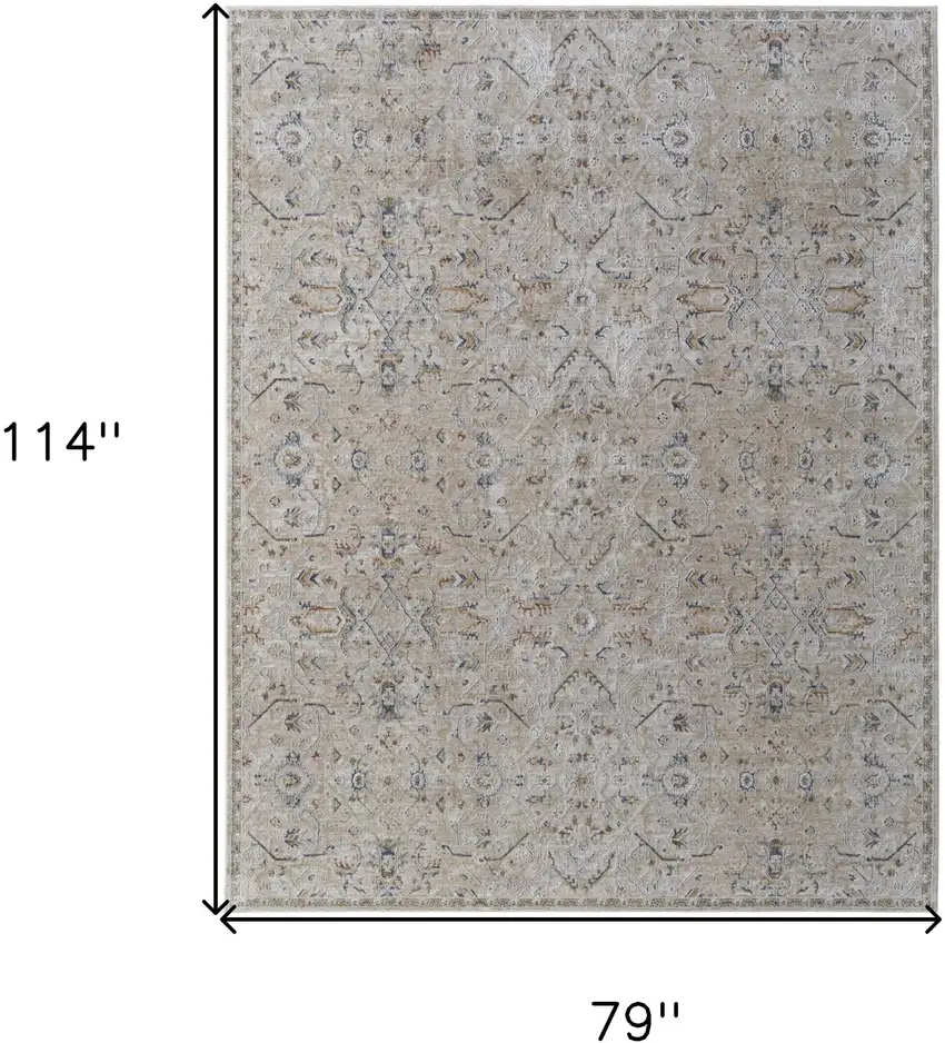 Ivory Taupe and Blue Abstract Power Loom Worn Faded Area Rug With Fringe Photo 4