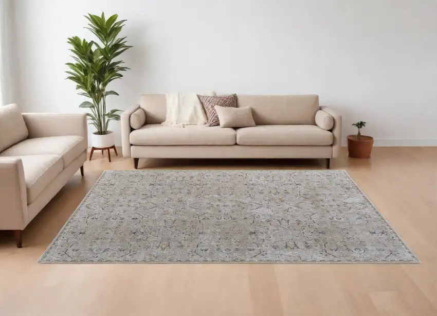 Ivory Taupe and Blue Abstract Power Loom Worn Faded Area Rug With Fringe Photo 1