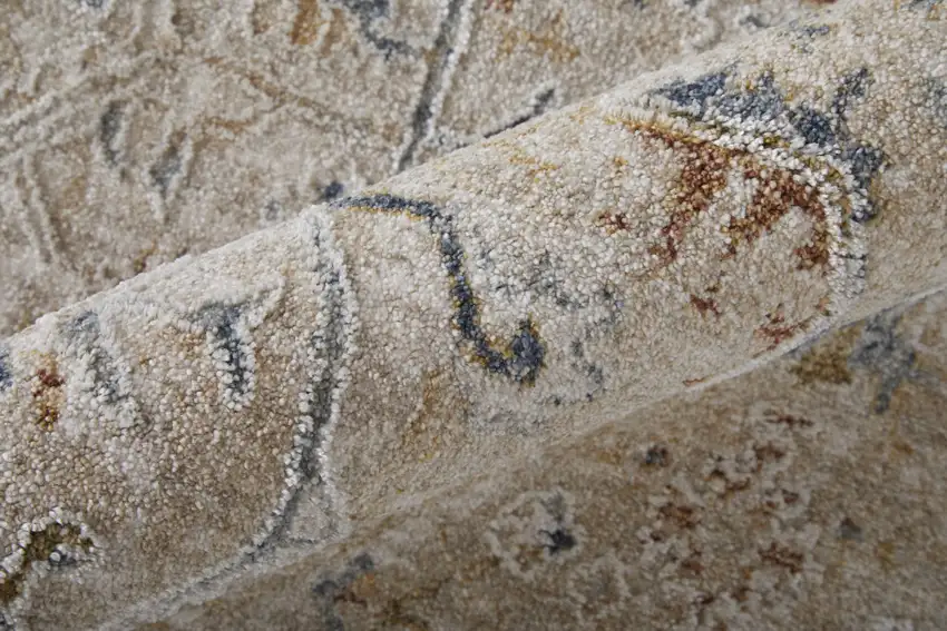 Ivory Taupe and Blue Abstract Power Loom Worn Faded Area Rug With Fringe Photo 6