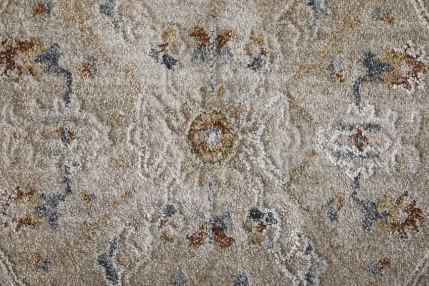 Ivory Taupe and Blue Abstract Power Loom Worn Faded Area Rug With Fringe Photo 7
