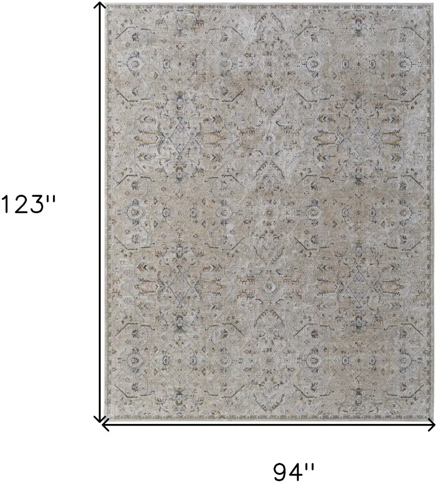 Ivory Taupe and Blue Abstract Power Loom Worn Faded Area Rug With Fringe Photo 3