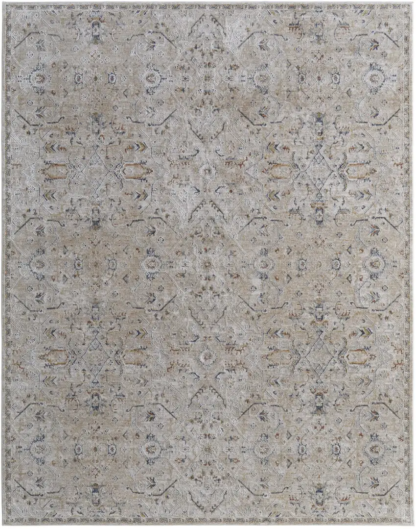 Ivory Taupe and Blue Abstract Power Loom Worn Faded Area Rug With Fringe Photo 5
