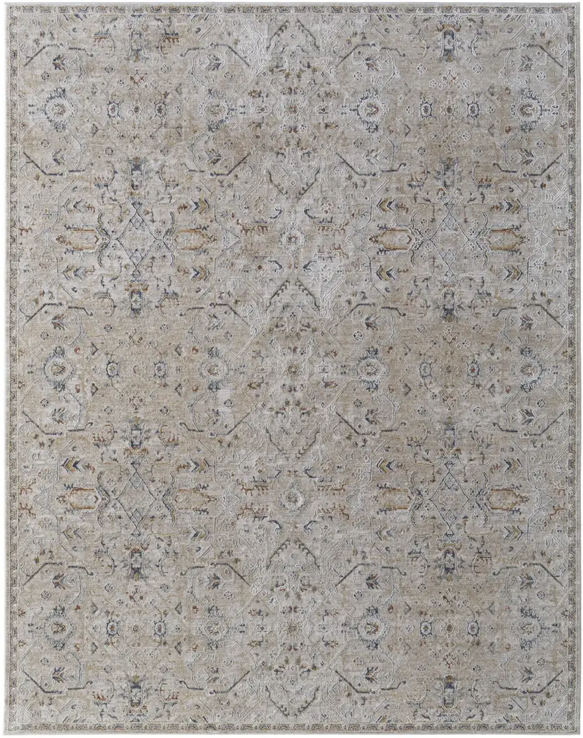 Ivory Taupe and Blue Abstract Power Loom Worn Faded Area Rug With Fringe Photo 2