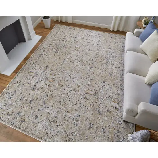 Ivory Taupe and Blue Abstract Power Loom Worn Faded Area Rug With Fringe Photo 9