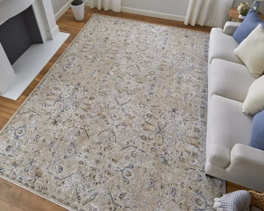 Ivory Taupe and Blue Abstract Power Loom Worn Faded Area Rug With Fringe Photo 9