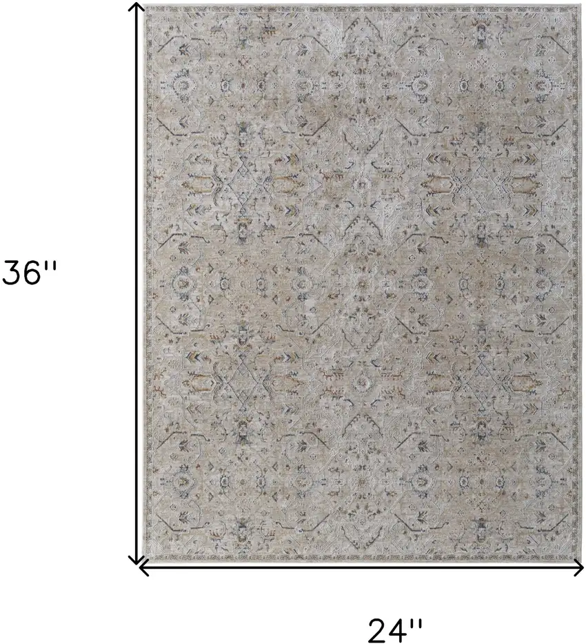 Ivory Taupe and Blue Abstract Power Loom Worn Faded Area Rug With Fringe Photo 3