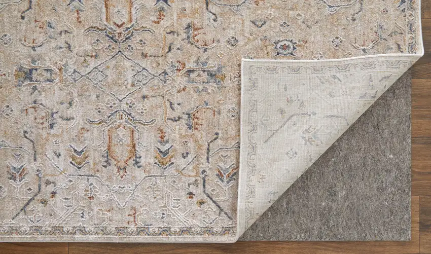 Ivory Taupe and Blue Abstract Power Loom Worn Faded Area Rug With Fringe Photo 7