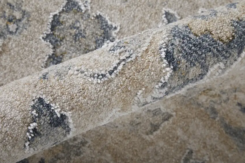 Ivory Taupe and Blue Floral Power Loom Worn Faded Area Rug With Fringe Photo 6