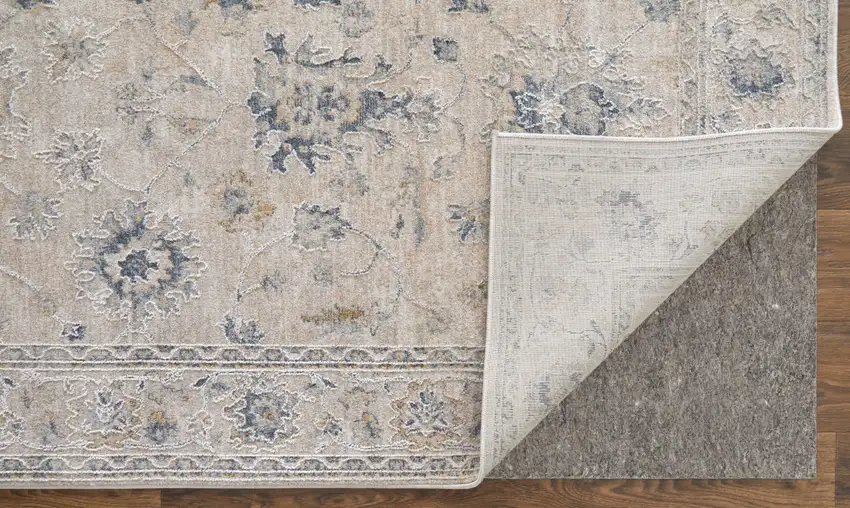 Ivory Taupe and Blue Floral Power Loom Worn Faded Area Rug With Fringe Photo 7
