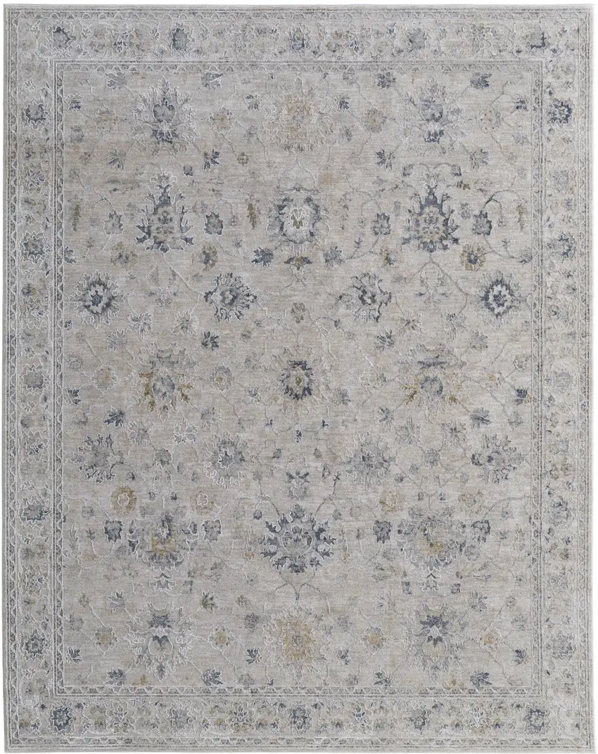 Ivory Taupe and Blue Floral Power Loom Worn Faded Area Rug With Fringe Photo 5