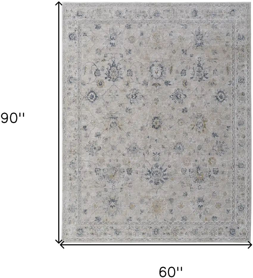 Ivory Taupe and Blue Floral Power Loom Worn Faded Area Rug With Fringe Photo 3
