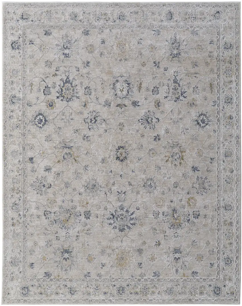 Ivory Taupe and Blue Floral Power Loom Worn Faded Area Rug With Fringe Photo 2