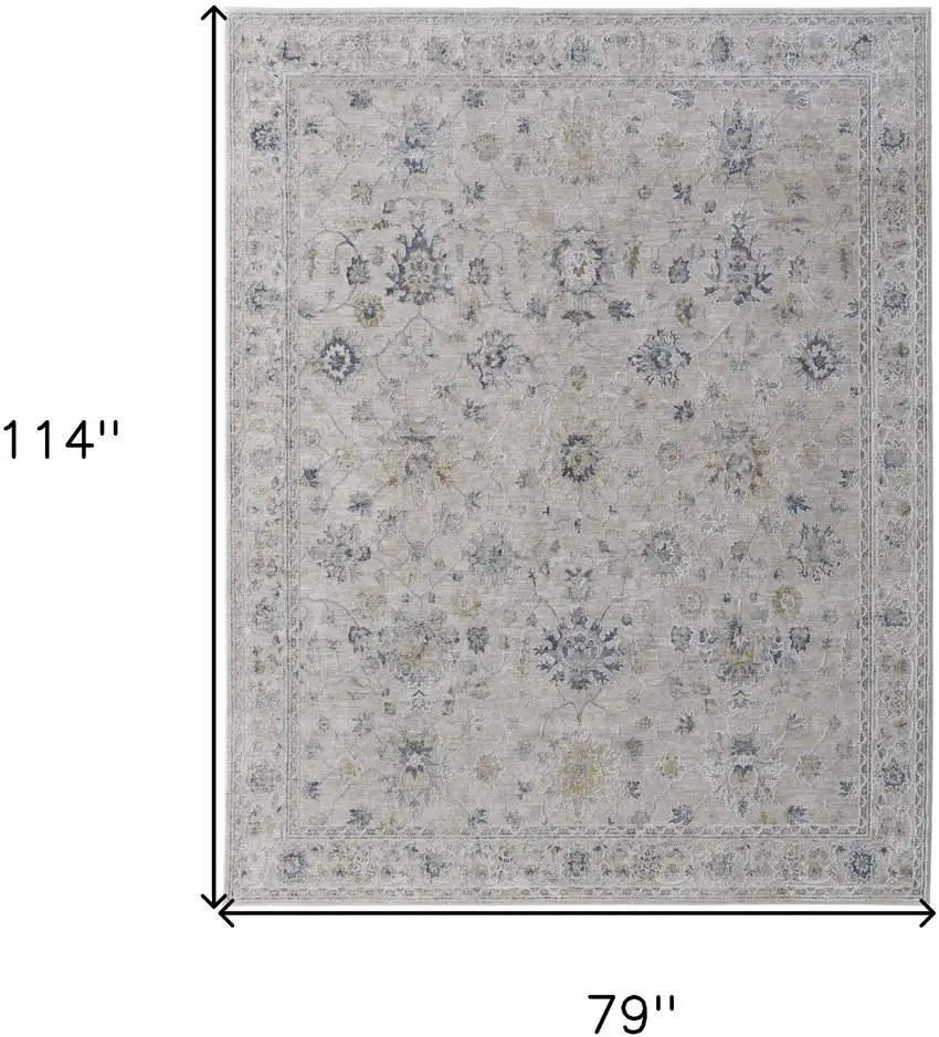 Ivory Taupe and Blue Floral Power Loom Worn Faded Area Rug With Fringe Photo 3