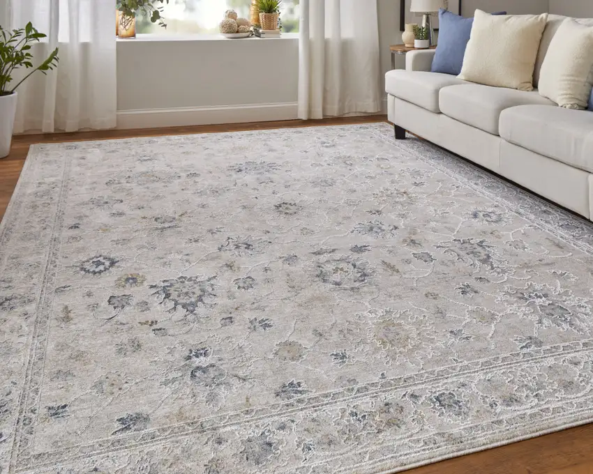 Ivory Taupe and Blue Floral Power Loom Worn Faded Area Rug With Fringe Photo 9
