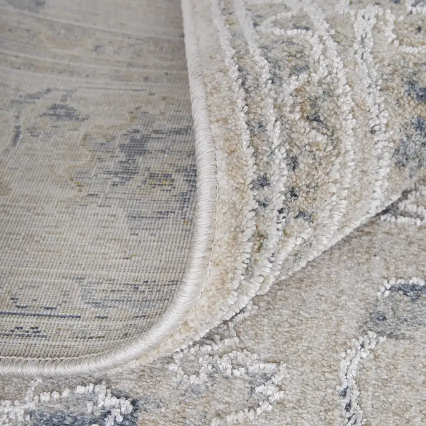 Ivory Taupe and Blue Floral Power Loom Worn Faded Area Rug With Fringe Photo 5