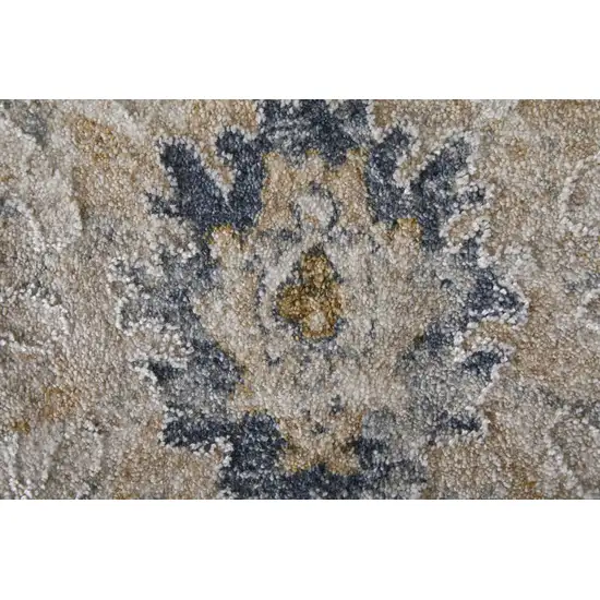 Ivory Taupe and Blue Floral Power Loom Worn Faded Area Rug With Fringe Photo 7