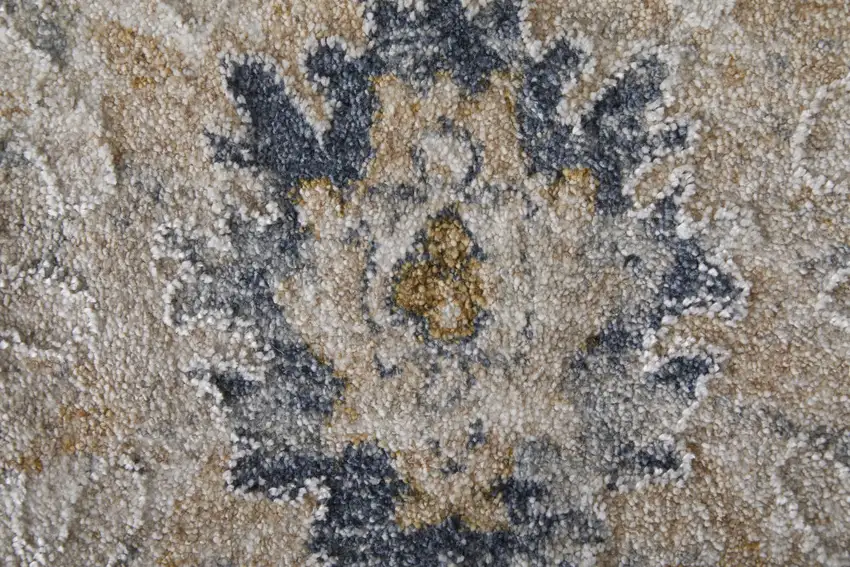 Ivory Taupe and Blue Floral Power Loom Worn Faded Area Rug With Fringe Photo 7