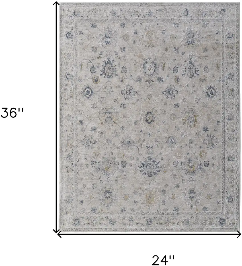 Ivory Taupe and Blue Floral Power Loom Worn Faded Area Rug With Fringe Photo 3