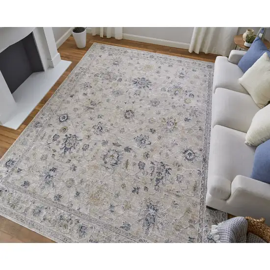Ivory Taupe and Blue Floral Power Loom Worn Faded Area Rug With Fringe Photo 9