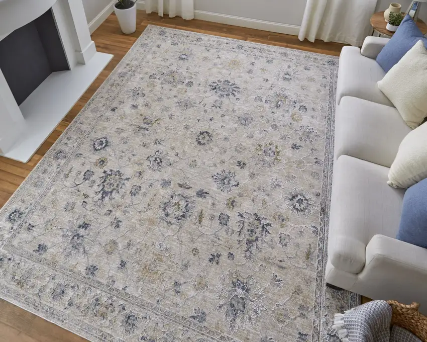 Ivory Taupe and Blue Floral Power Loom Worn Faded Area Rug With Fringe Photo 9