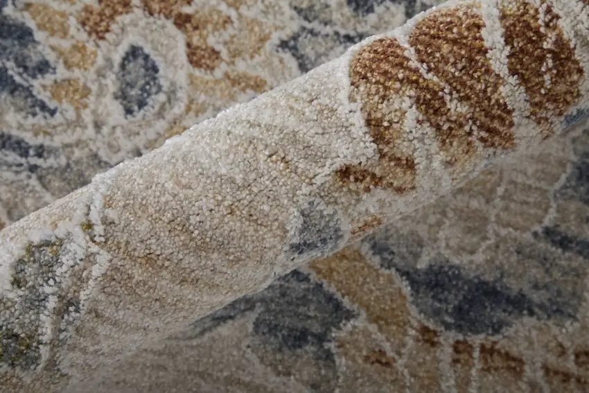 Ivory Taupe and Blue Floral Power Loom Worn Faded Area Rug With Fringe Photo 4
