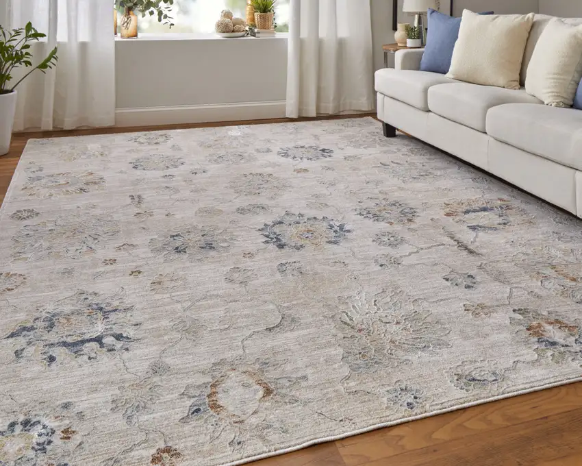 Ivory Taupe and Blue Floral Power Loom Worn Faded Area Rug With Fringe Photo 9