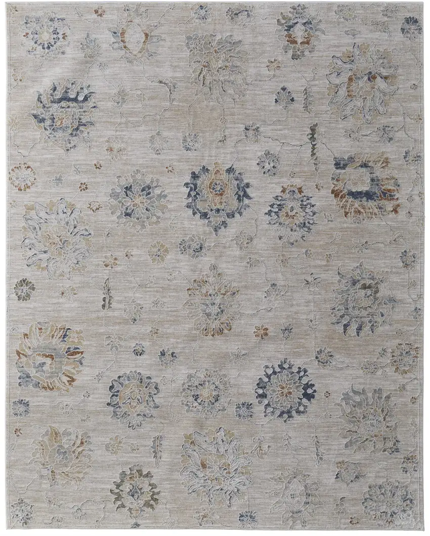 Ivory Taupe and Blue Floral Power Loom Worn Faded Area Rug With Fringe Photo 1