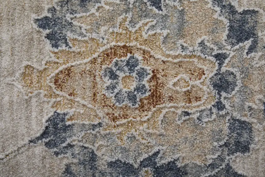 Ivory Taupe and Blue Floral Power Loom Worn Faded Area Rug With Fringe Photo 5