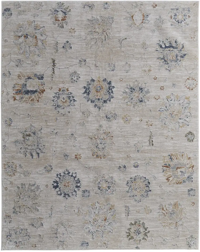Ivory Taupe and Blue Floral Power Loom Worn Faded Area Rug With Fringe Photo 3