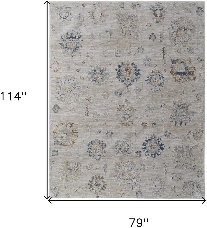 Ivory Taupe and Blue Floral Power Loom Worn Faded Area Rug With Fringe Photo 3